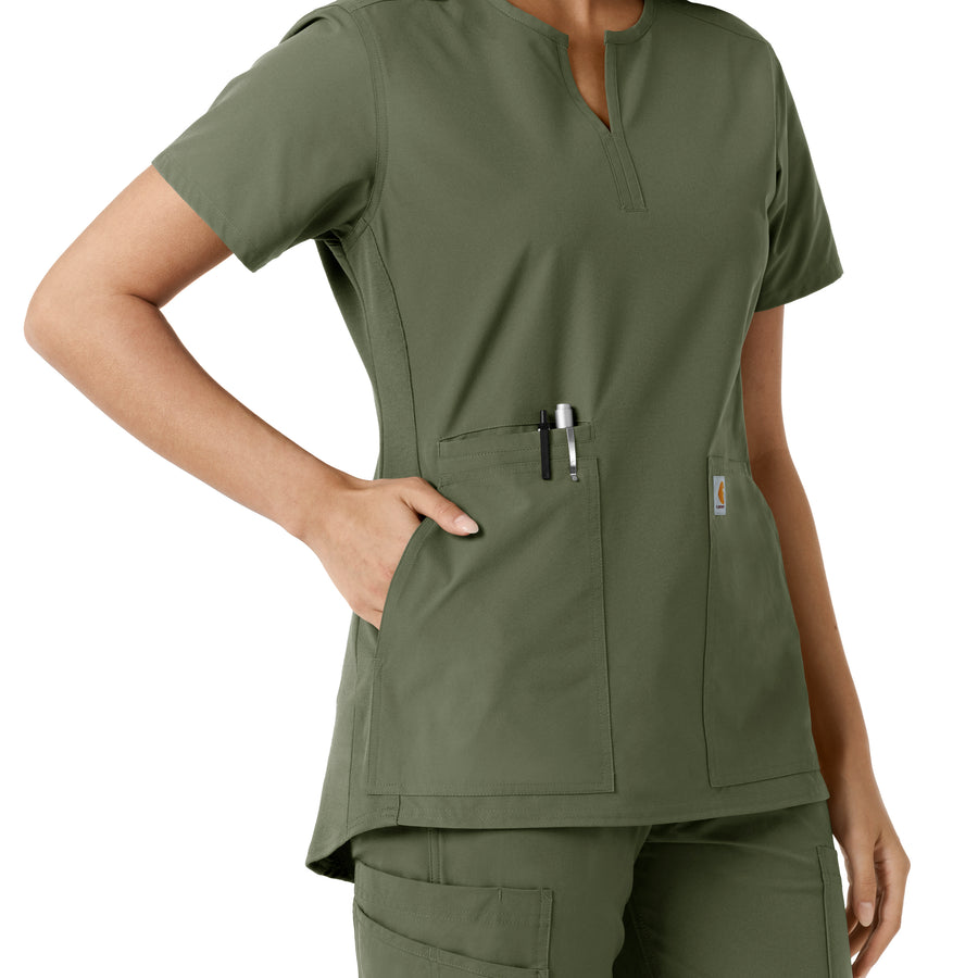 Force Essentials Women's Notch Neck Tunic Knit Panel Scrub Top Olive hemline detail