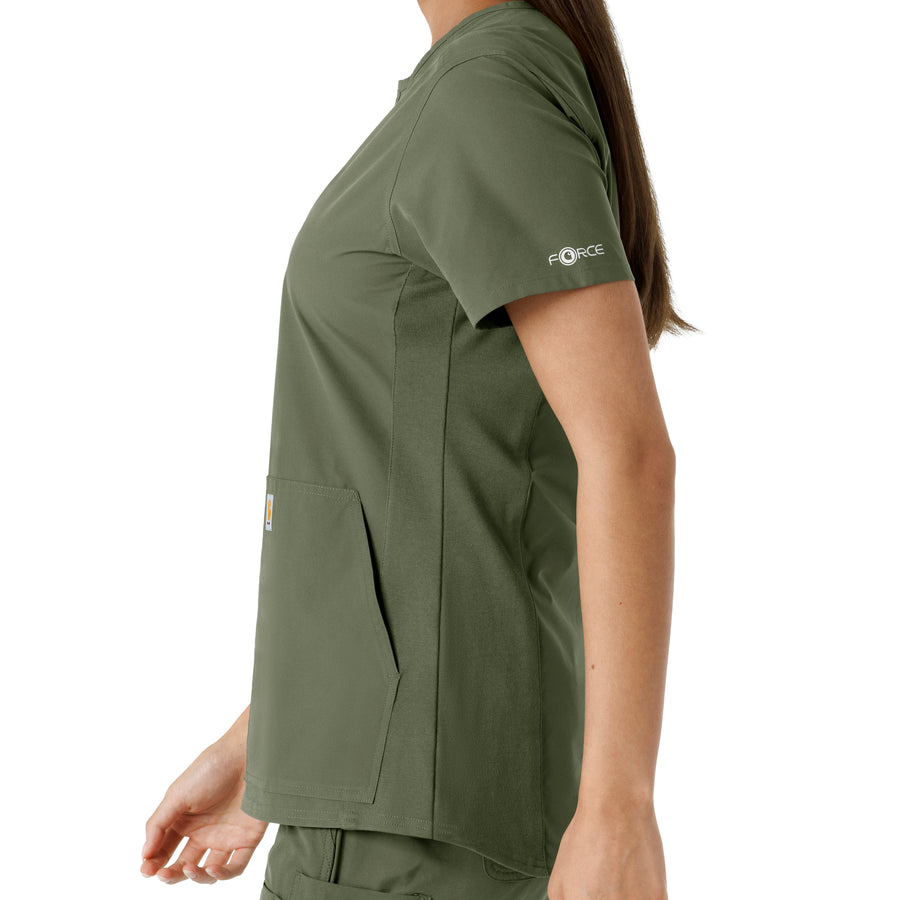 Force Essentials Women's Notch Neck Tunic Knit Panel Scrub Top Olive back detail