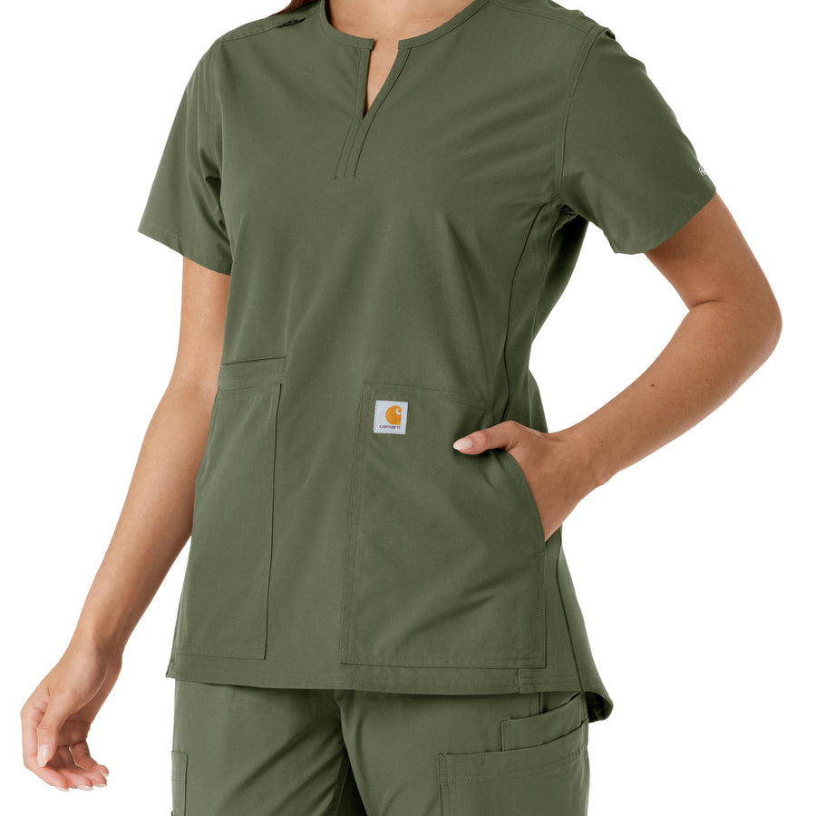 Carhartt Force Essentials Women's Notch Neck Tunic Knit Panel Scrub Top - Olive