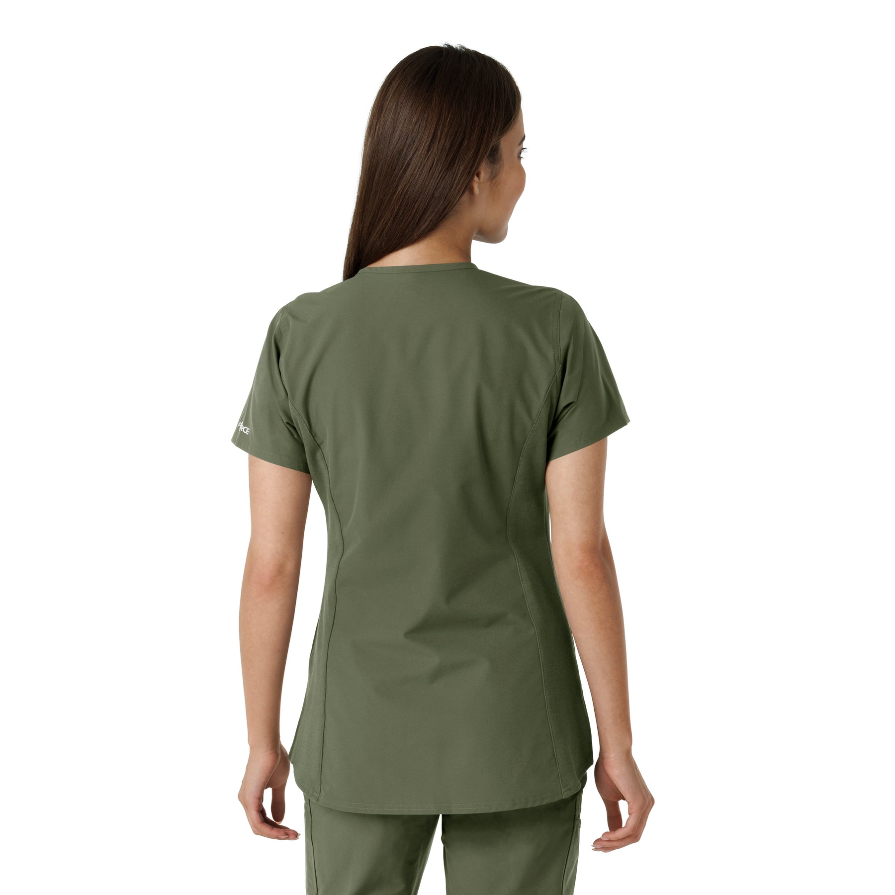 Force Essentials Women's Notch Neck Tunic Knit Panel Scrub Top Olive back view