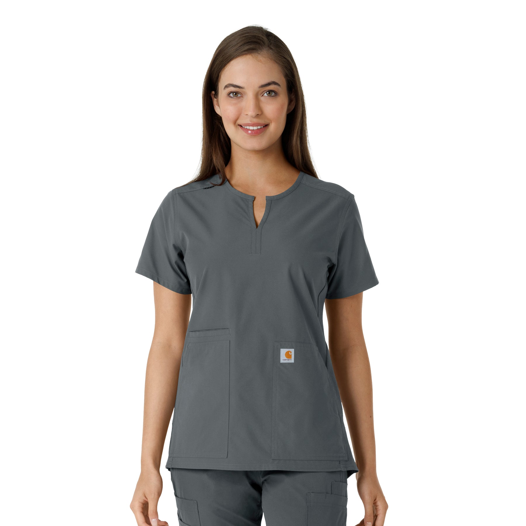 Force Essentials Women's Notch Neck Tunic Knit Panel Scrub Top Pewter