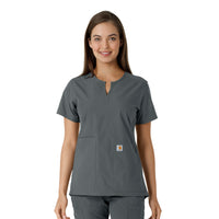 Force Essentials Women's Notch Neck Tunic Knit Panel Scrub Top Pewter