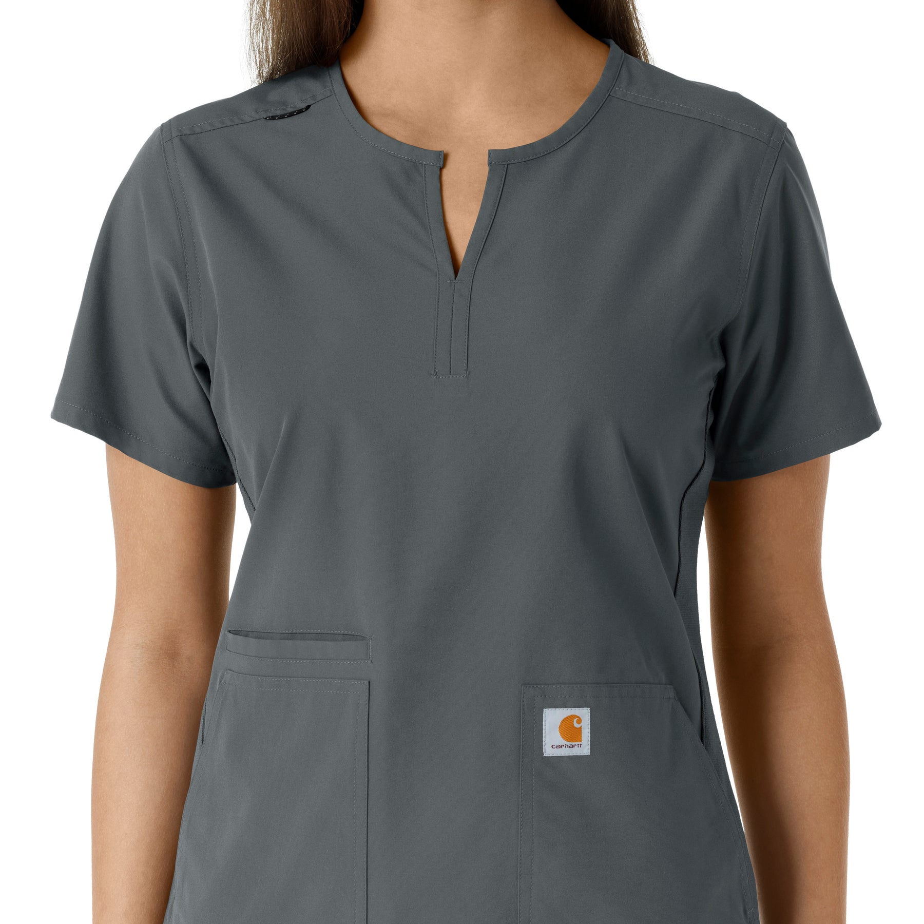 Force Essentials Women's Notch Neck Tunic Knit Panel Scrub Top Pewter front detail