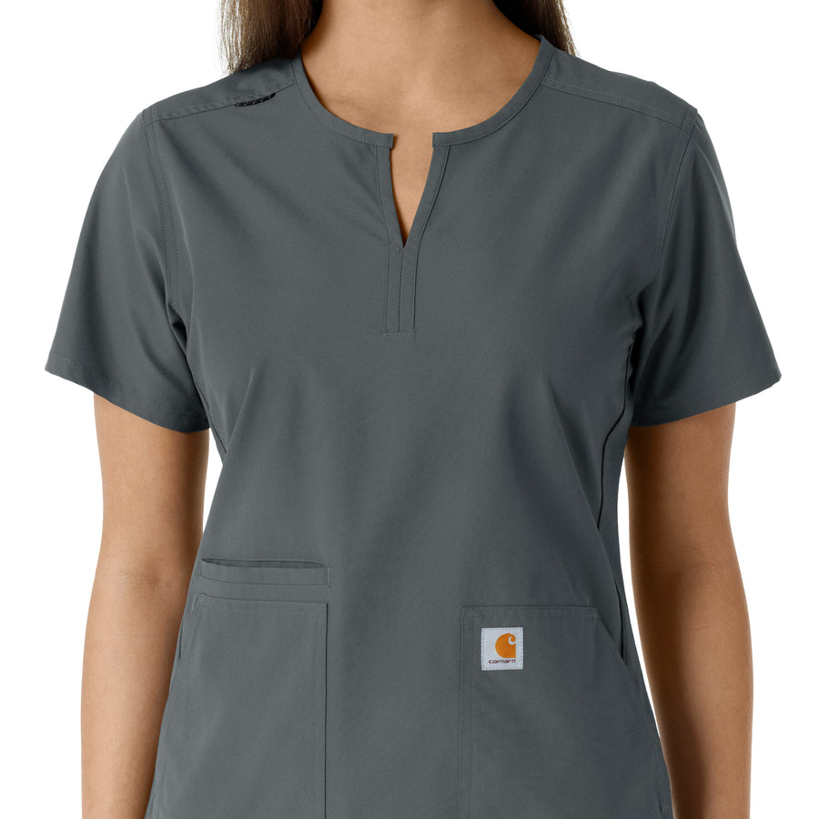 Force Essentials Women's Notch Neck Tunic Knit Panel Scrub Top Pewter front detail