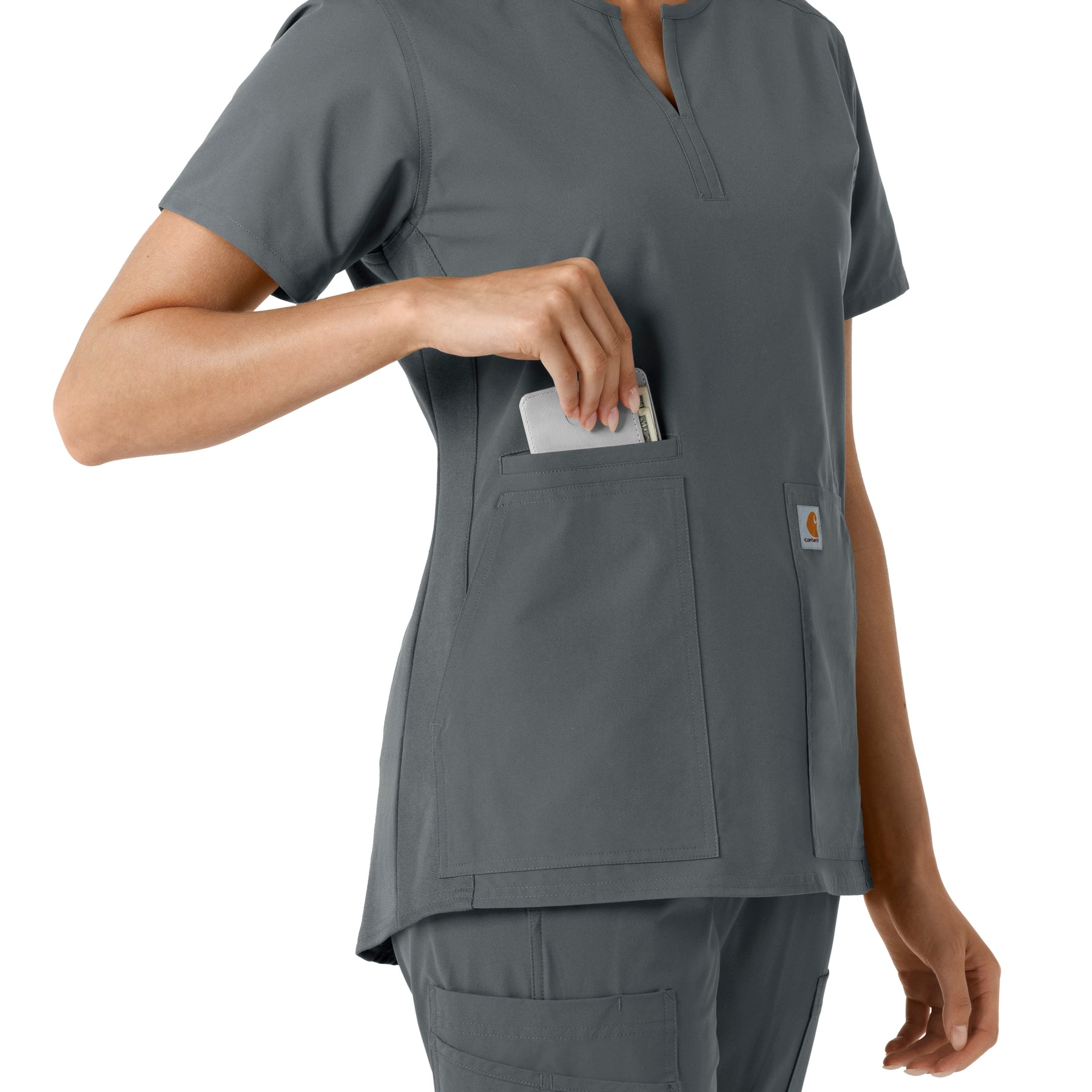 Force Essentials Women's Notch Neck Tunic Knit Panel Scrub Top Pewter side detail 2