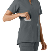 Force Essentials Women's Notch Neck Tunic Knit Panel Scrub Top Pewter side detail 2
