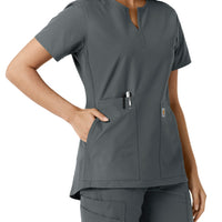 Force Essentials Women's Notch Neck Tunic Knit Panel Scrub Top Pewter hemline detail