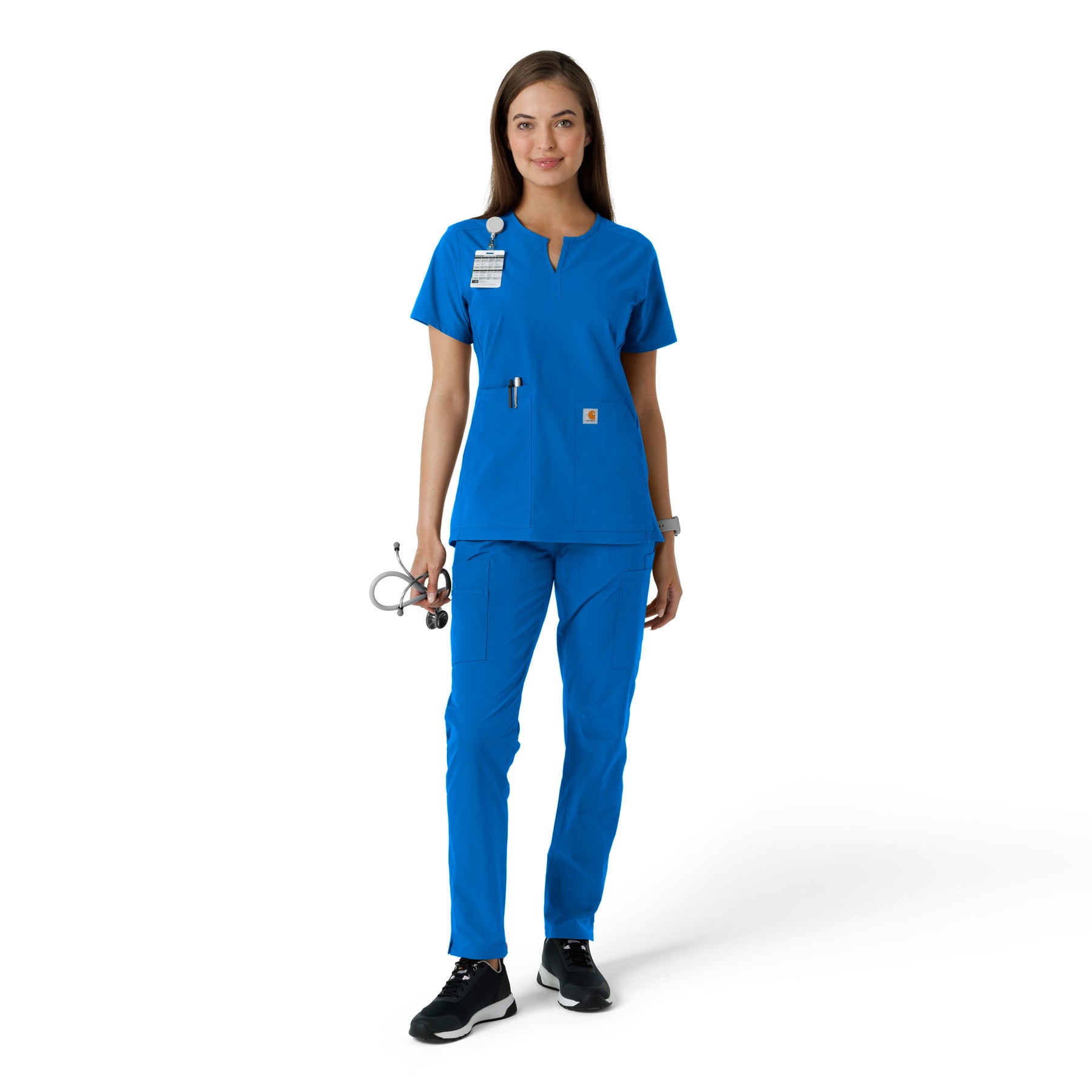 Force Essentials Women's Notch Neck Tunic Knit Panel Scrub Top Royal full scrub set