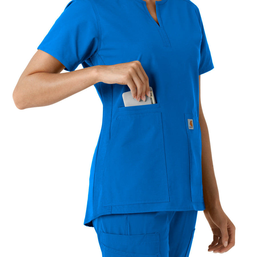 Force Essentials Women's Notch Neck Tunic Knit Panel Scrub Top Royal side detail 2