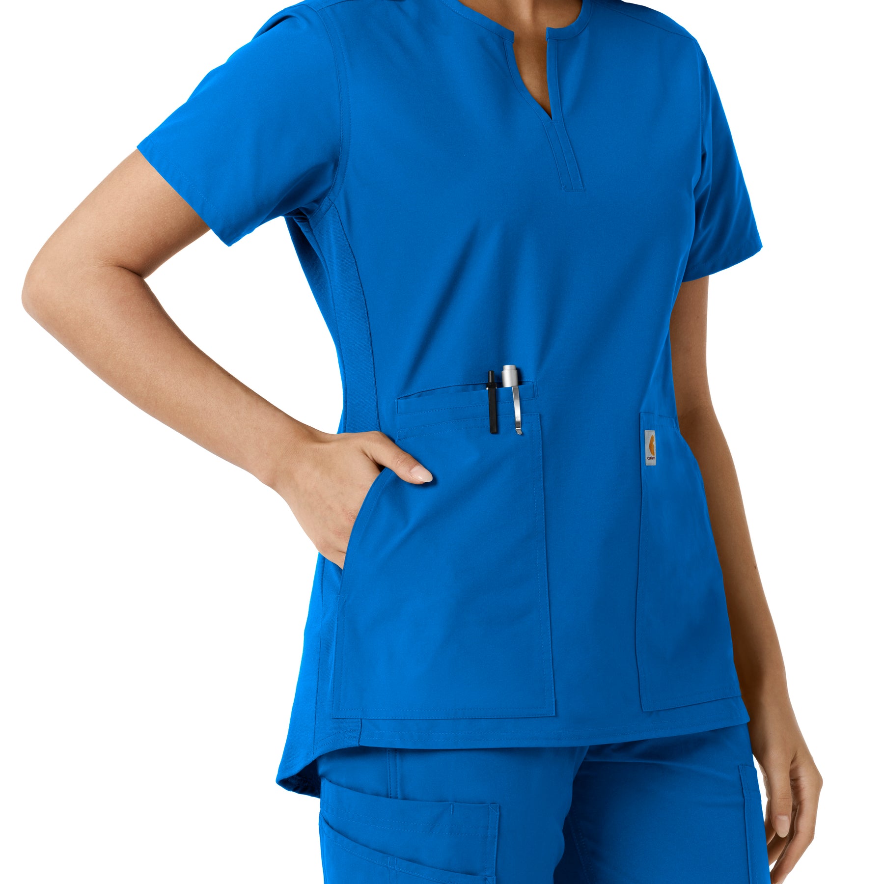 Force Essentials Women's Notch Neck Tunic Knit Panel Scrub Top Royal hemline detail