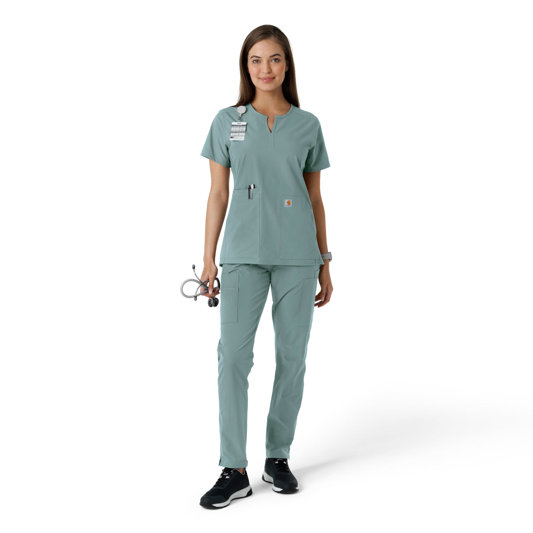 Force Essentials Women's Notch Neck Tunic Knit Panel Scrub Top Summer Blue full scrub set