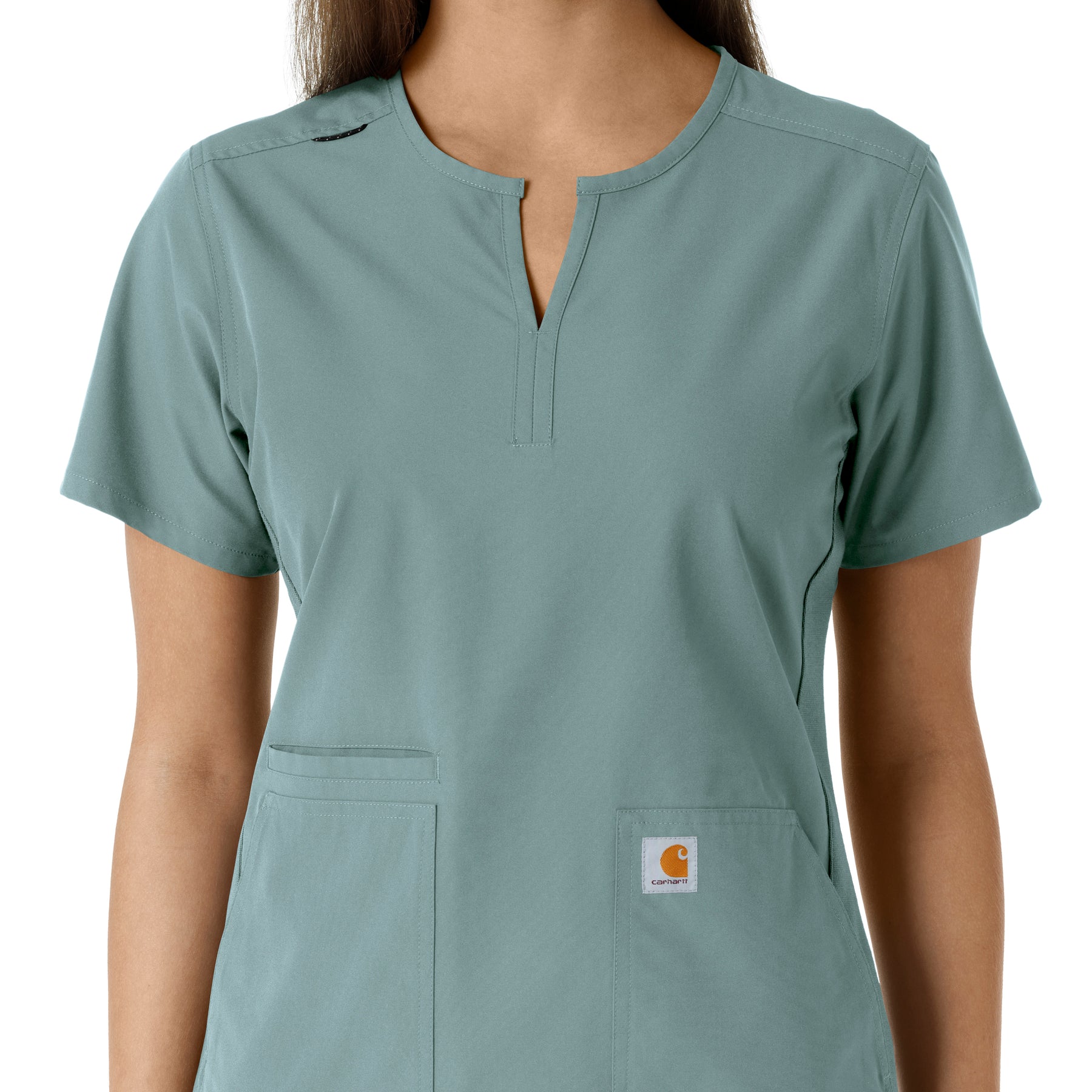 Force Essentials Women's Notch Neck Tunic Knit Panel Scrub Top Summer Blue front detail