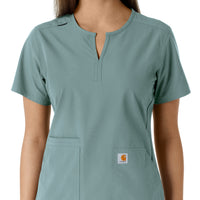 Force Essentials Women's Notch Neck Tunic Knit Panel Scrub Top Summer Blue front detail