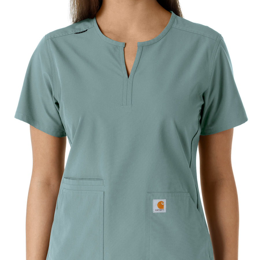 Force Essentials Women's Notch Neck Tunic Knit Panel Scrub Top Summer Blue front detail