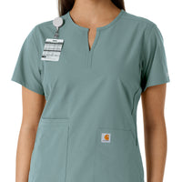 Force Essentials Women's Notch Neck Tunic Knit Panel Scrub Top Summer Blue side detail 1