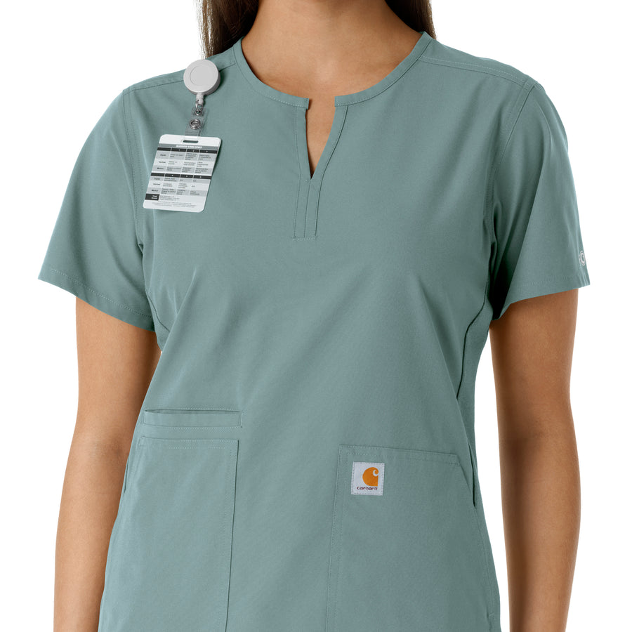 Force Essentials Women's Notch Neck Tunic Knit Panel Scrub Top Summer Blue side detail 1