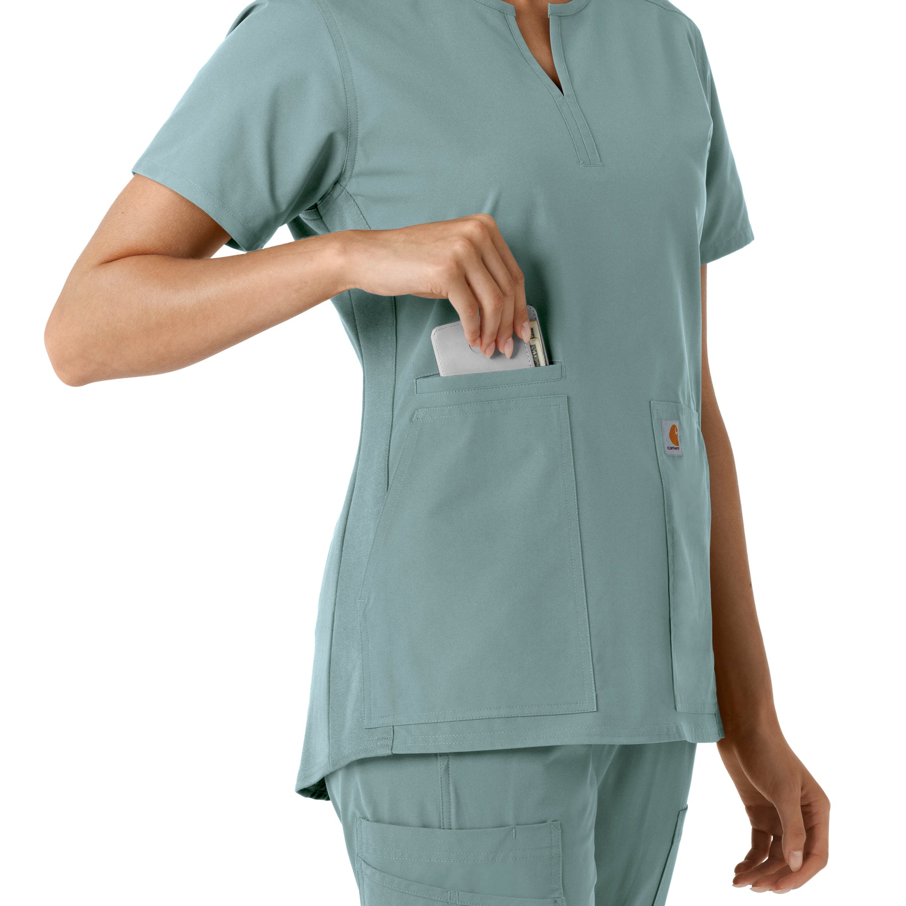 Force Essentials Women's Notch Neck Tunic Knit Panel Scrub Top Summer Blue side detail 2