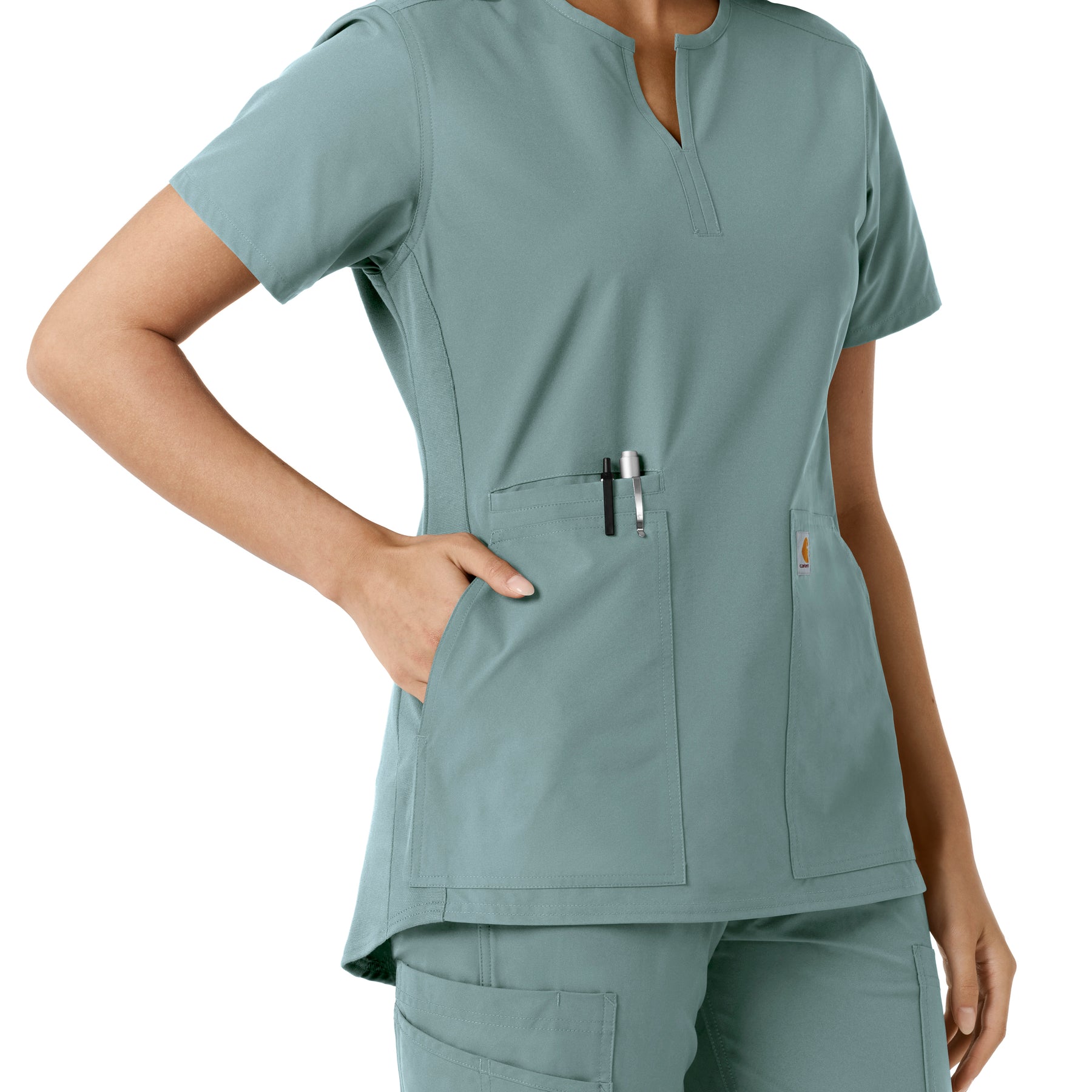 Force Essentials Women's Notch Neck Tunic Knit Panel Scrub Top Summer Blue hemline detail