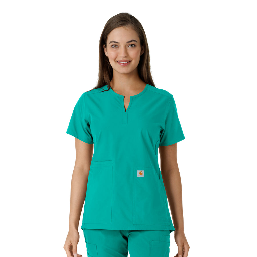 Force Essentials Women's Notch Neck Tunic Knit Panel Scrub Top Teal
