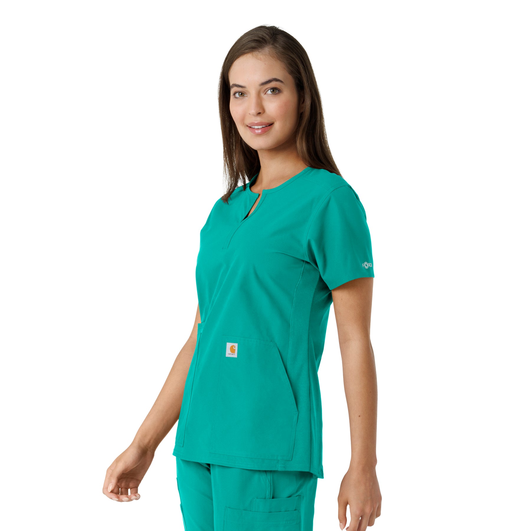 Force Essentials Women's Notch Neck Tunic Knit Panel Scrub Top Teal side view