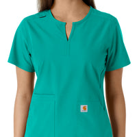 Force Essentials Women's Notch Neck Tunic Knit Panel Scrub Top Teal front detail