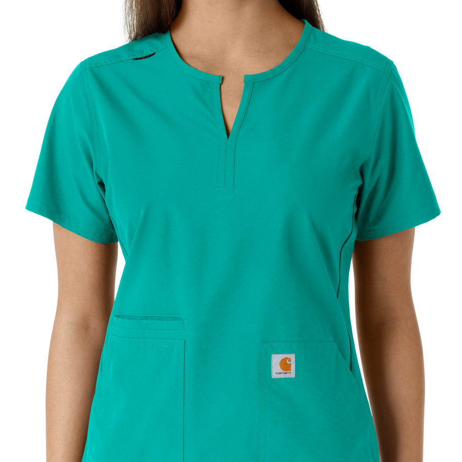 Force Essentials Women's Notch Neck Tunic Knit Panel Scrub Top Teal front detail
