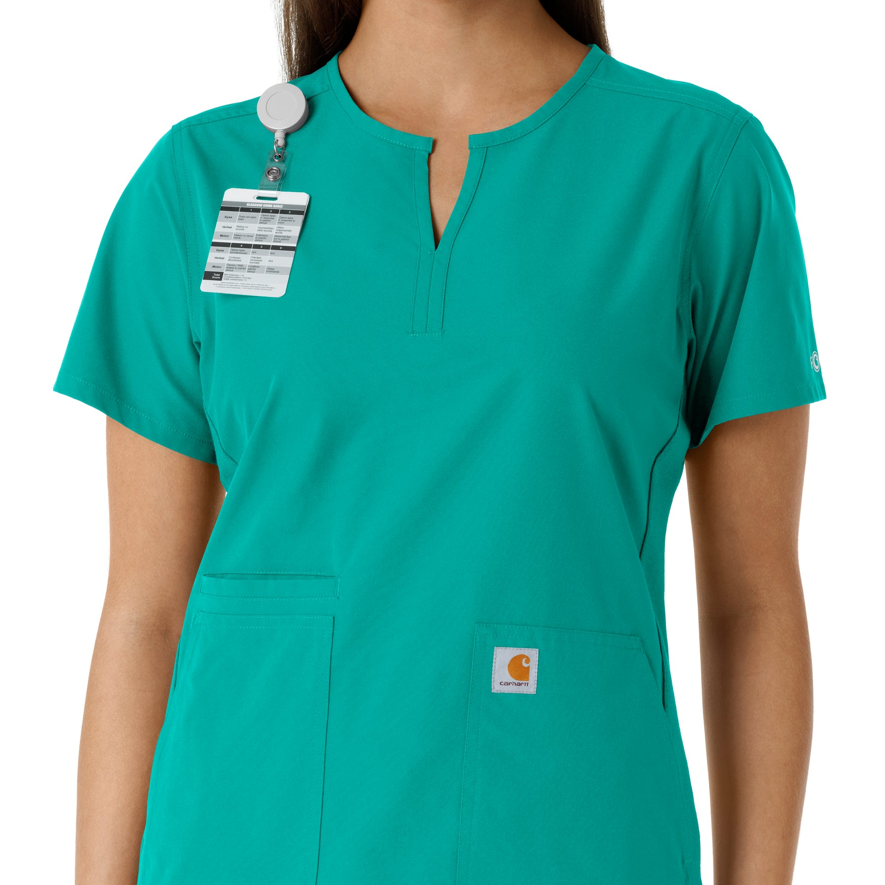 Force Essentials Women's Notch Neck Tunic Knit Panel Scrub Top Teal side detail 1