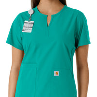 Force Essentials Women's Notch Neck Tunic Knit Panel Scrub Top Teal side detail 1