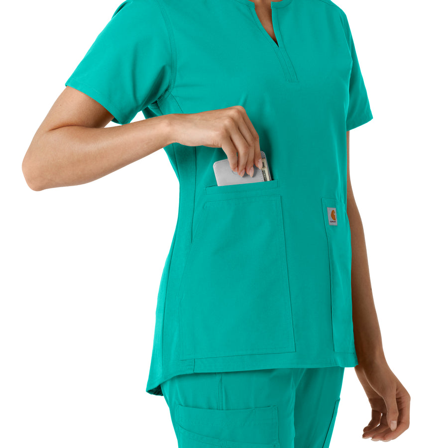 Force Essentials Women's Notch Neck Tunic Knit Panel Scrub Top Teal side detail 2