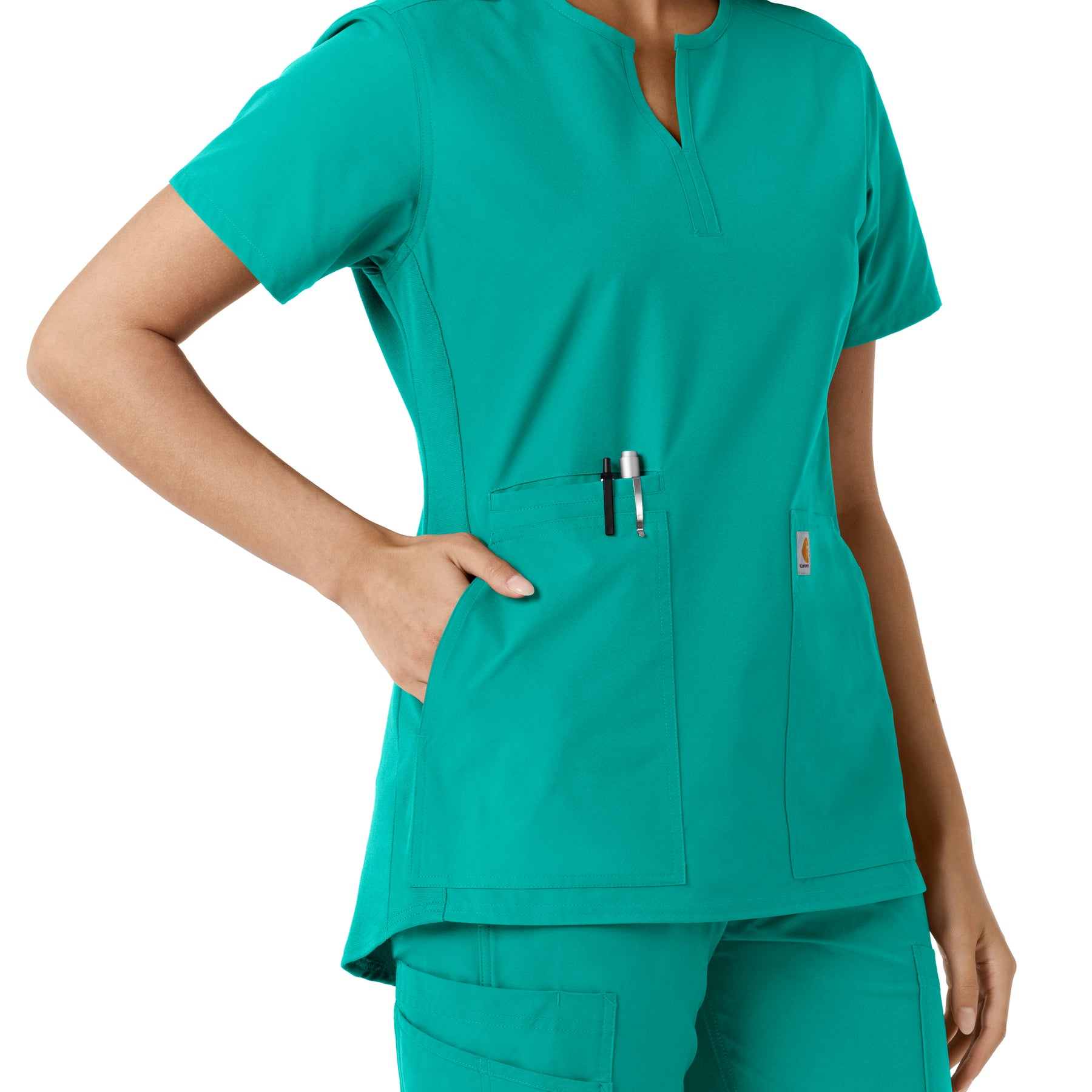 Force Essentials Women's Notch Neck Tunic Knit Panel Scrub Top Teal hemline detail