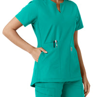 Force Essentials Women's Notch Neck Tunic Knit Panel Scrub Top Teal hemline detail
