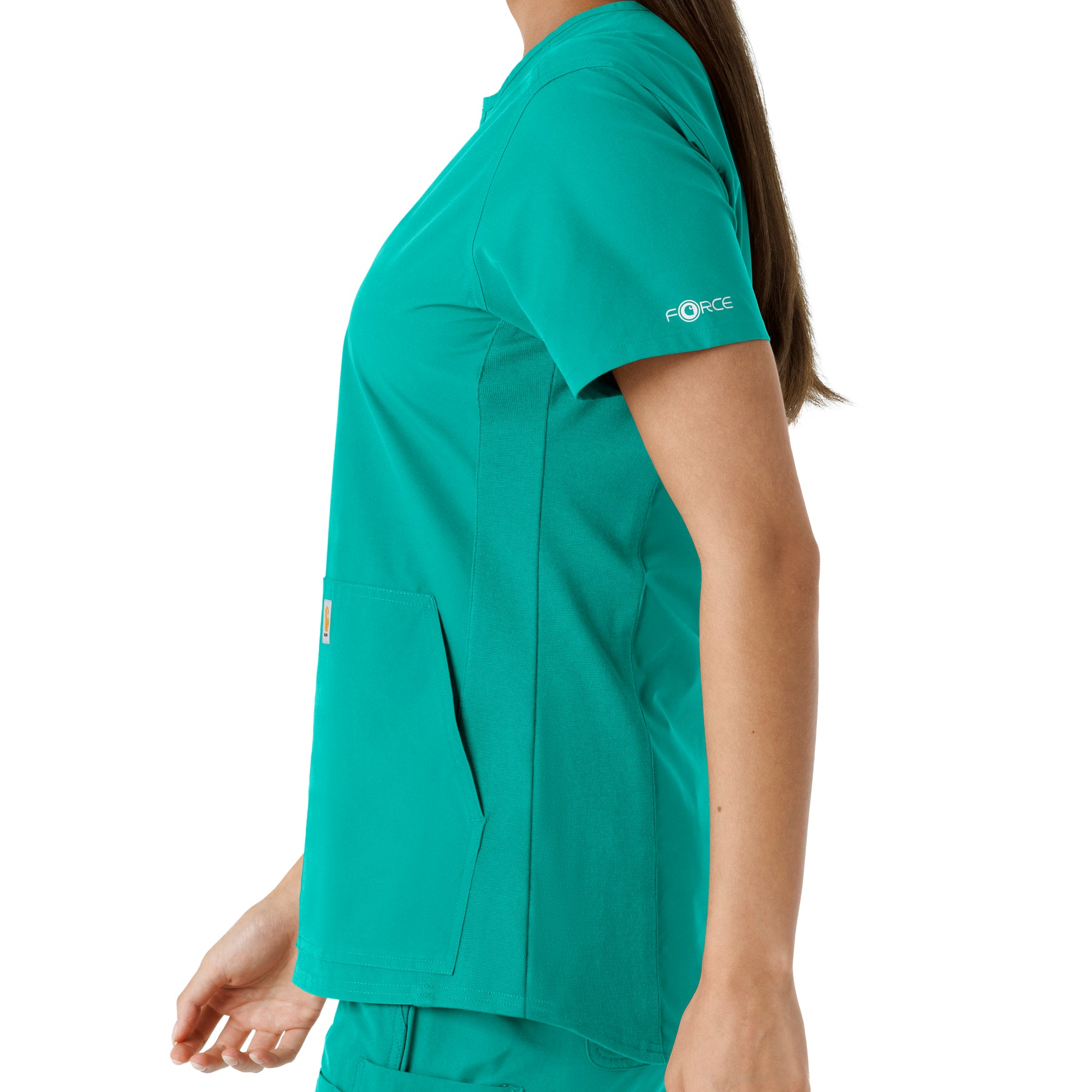 Force Essentials Women's Notch Neck Tunic Knit Panel Scrub Top Teal back detail
