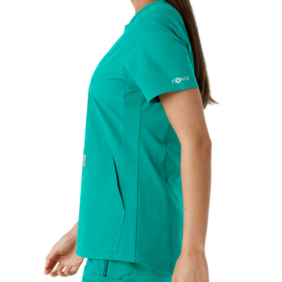 Force Essentials Women's Notch Neck Tunic Knit Panel Scrub Top Teal back detail