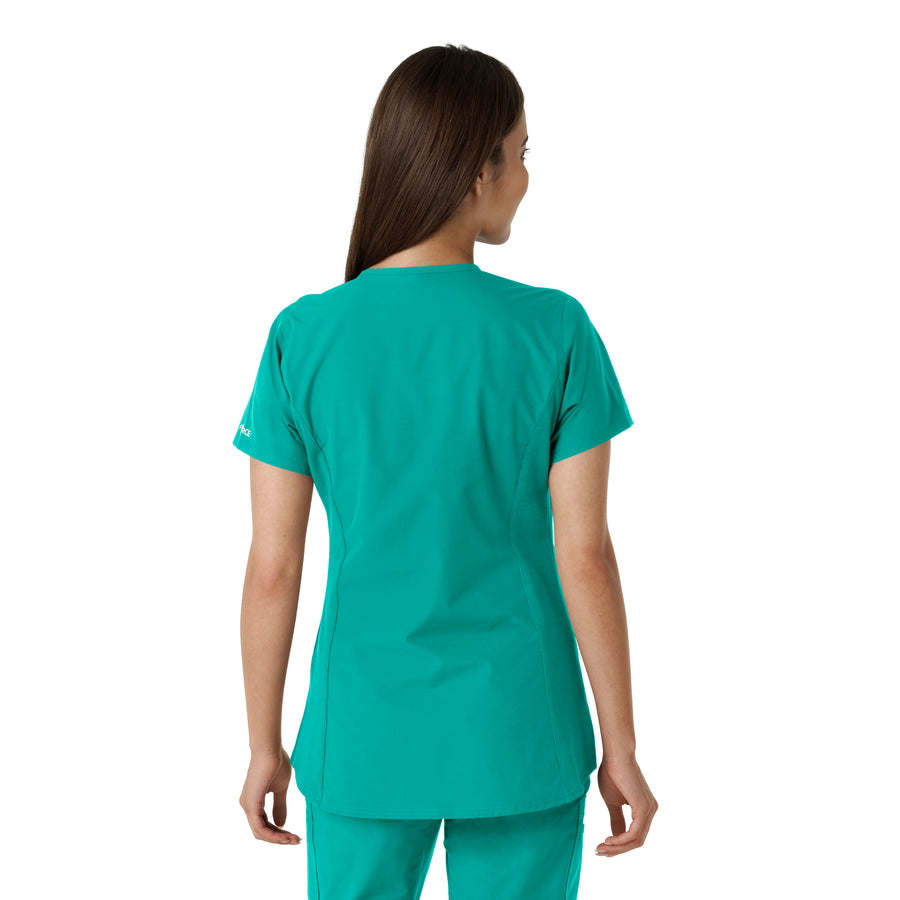 Force Essentials Women's Notch Neck Tunic Knit Panel Scrub Top Teal back view