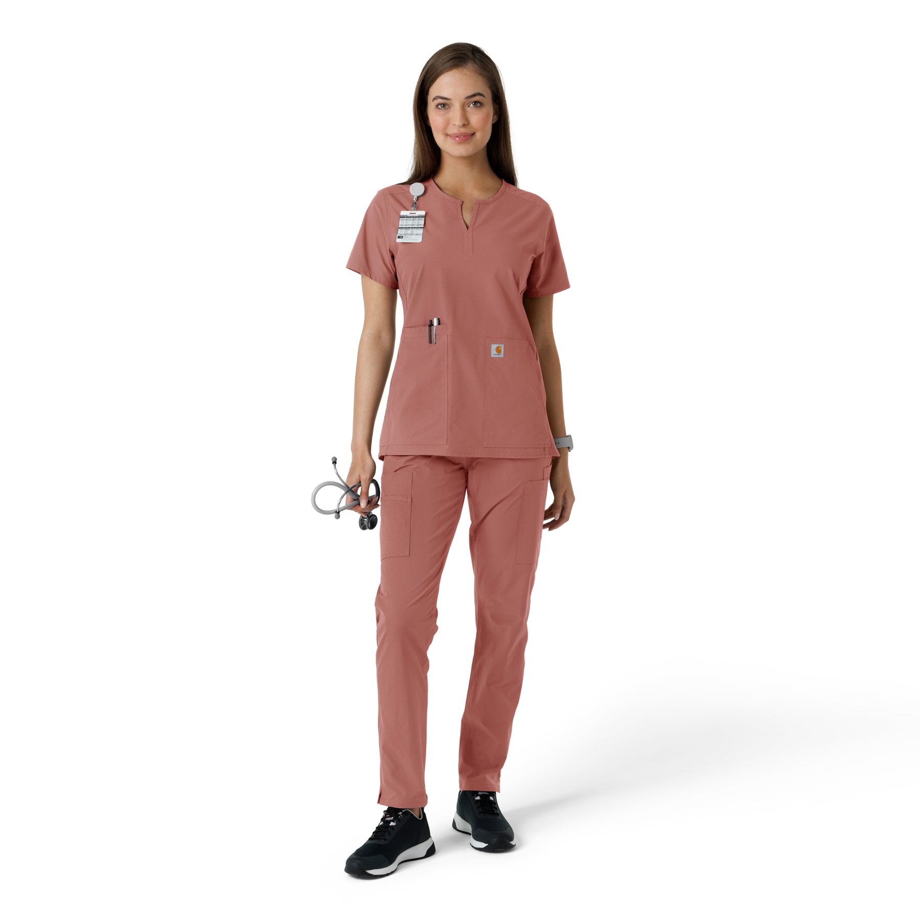 Force Essentials Women's Notch Neck Tunic Knit Panel Scrub Top Wildrose full scrub set