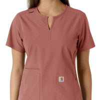 Force Essentials Women's Notch Neck Tunic Knit Panel Scrub Top Wildrose front detail