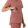 Force Essentials Women's Notch Neck Tunic Knit Panel Scrub Top Wildrose side detail 2
