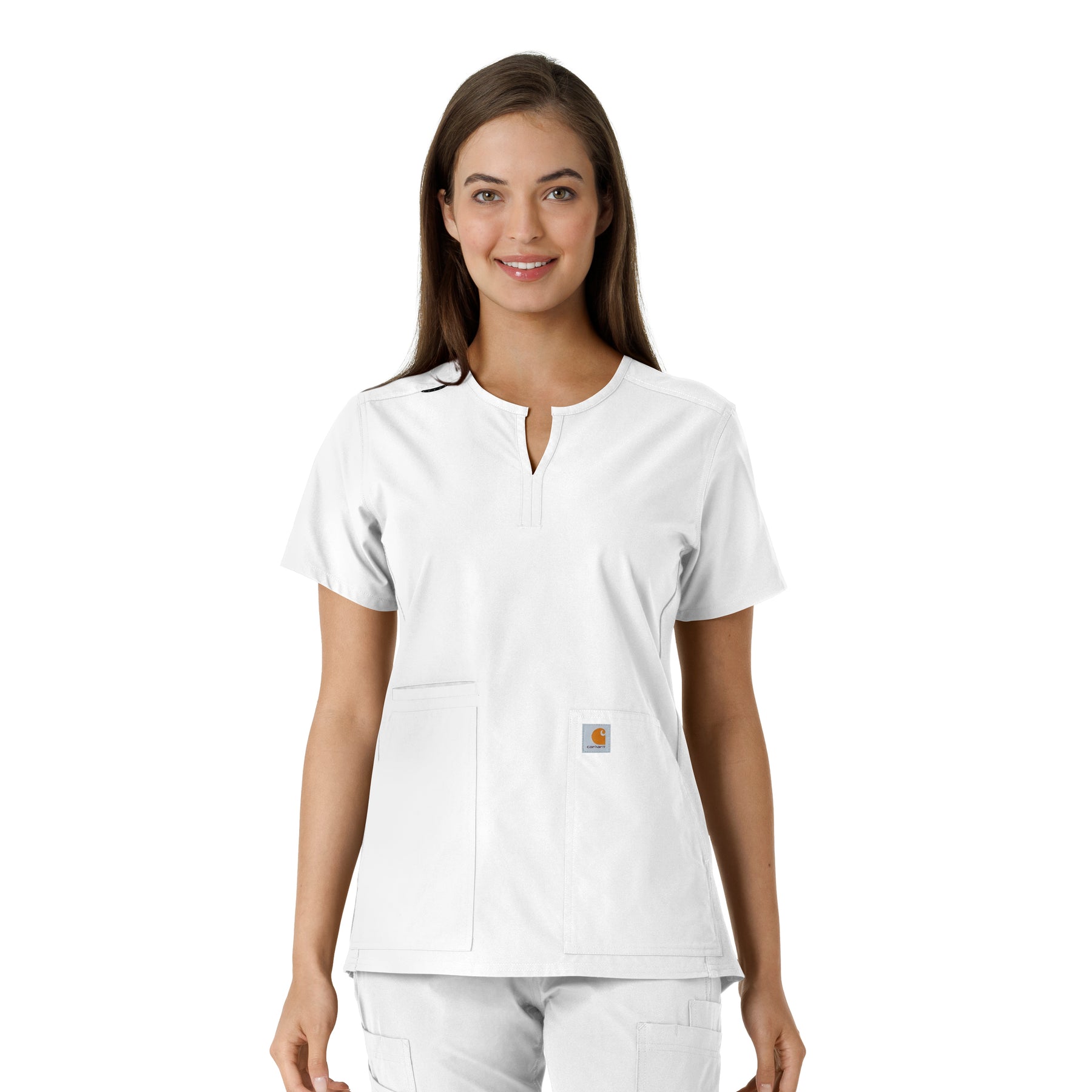 Force Essentials Women's Notch Neck Tunic Knit Panel Scrub Top White