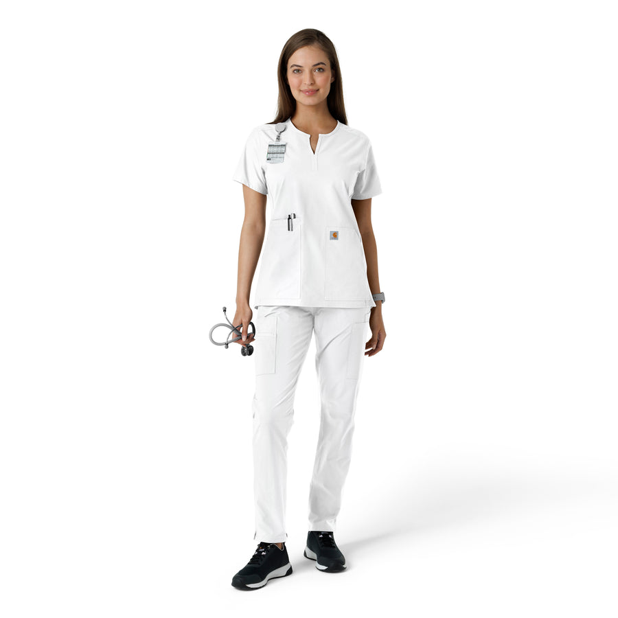 Force Essentials Women's Notch Neck Tunic Knit Panel Scrub Top White full scrub set