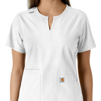 Force Essentials Women's Notch Neck Tunic Knit Panel Scrub Top White front detail