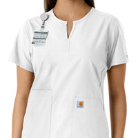 Force Essentials Women's Notch Neck Tunic Knit Panel Scrub Top White side detail 1