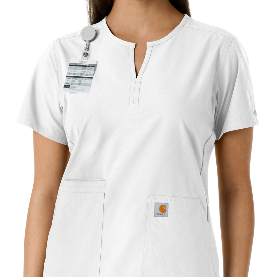 Force Essentials Women's Notch Neck Tunic Knit Panel Scrub Top White side detail 1