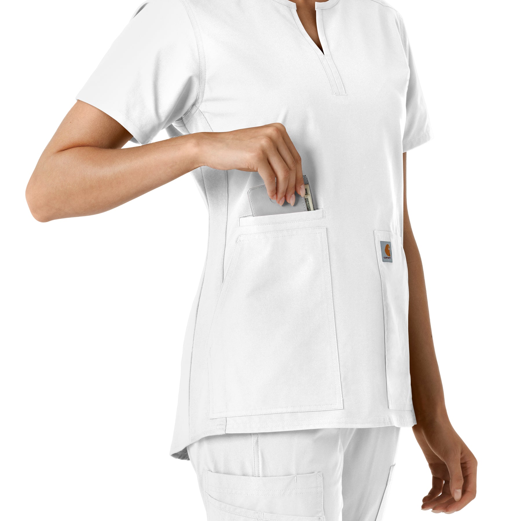 Force Essentials Women's Notch Neck Tunic Knit Panel Scrub Top White side detail 2
