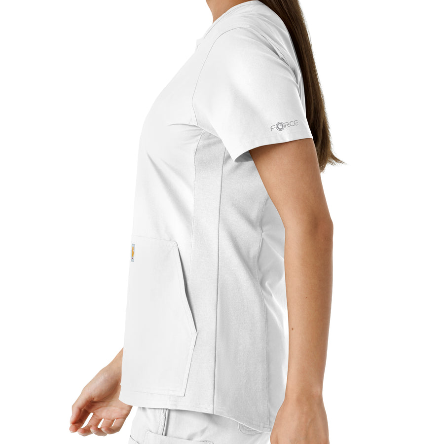 Force Essentials Women's Notch Neck Tunic Knit Panel Scrub Top White back detail