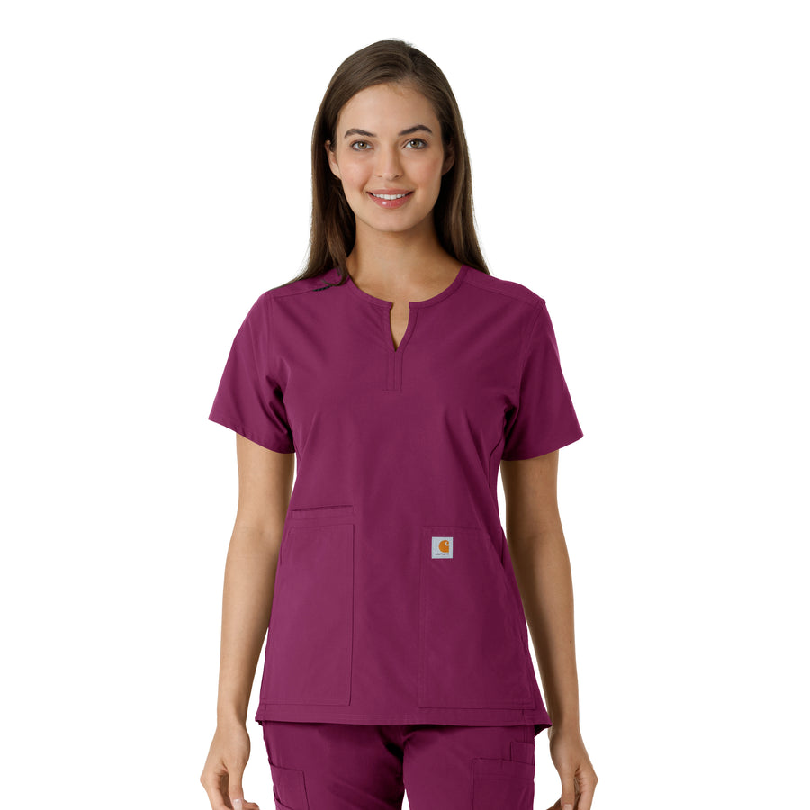 Force Essentials Women's Notch Neck Tunic Knit Panel Scrub Top Wine