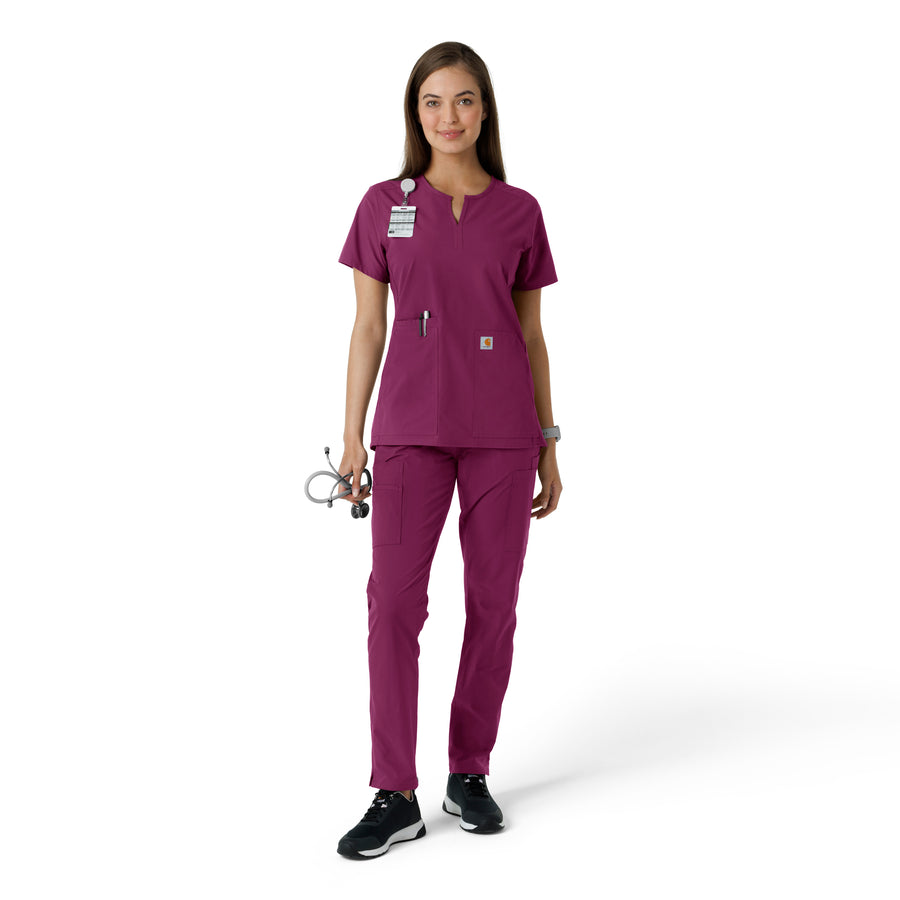 Force Essentials Women's Notch Neck Tunic Knit Panel Scrub Top Wine full scrub set
