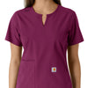 Force Essentials Women's Notch Neck Tunic Knit Panel Scrub Top Wine front detail