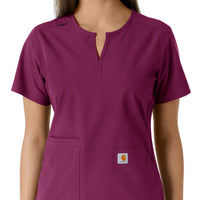 Force Essentials Women's Notch Neck Tunic Knit Panel Scrub Top Wine front detail