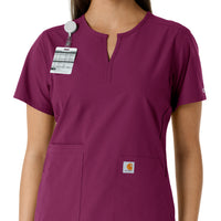Force Essentials Women's Notch Neck Tunic Knit Panel Scrub Top Wine side detail 1