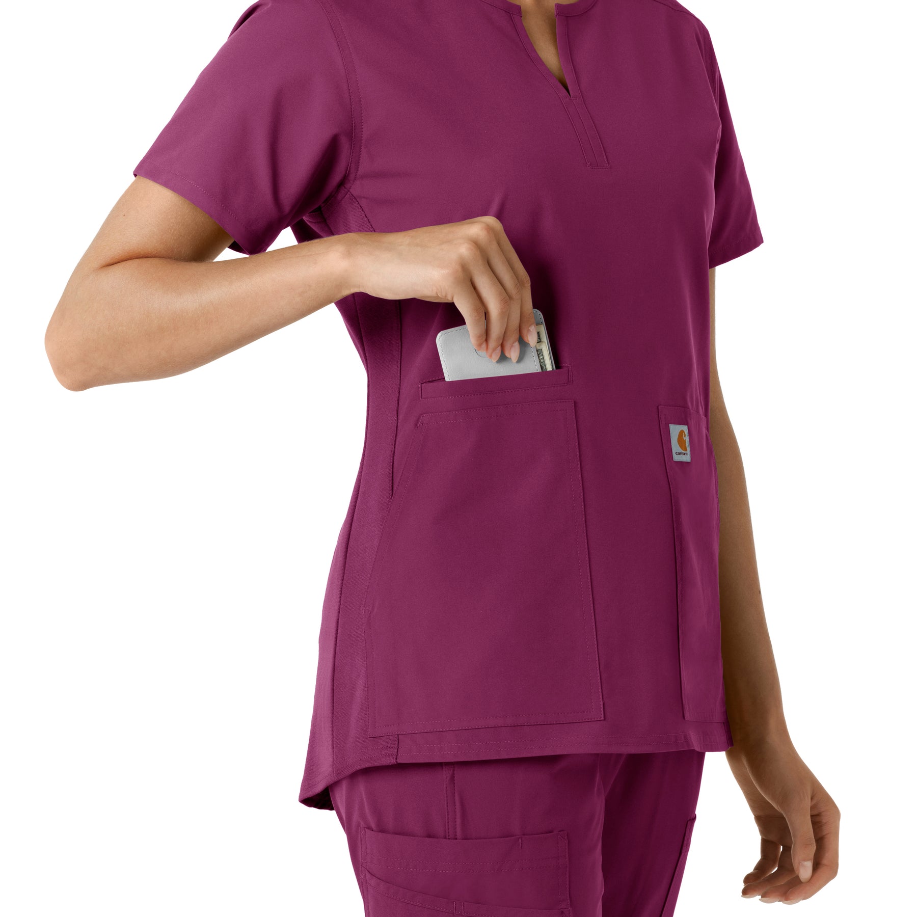 Force Essentials Women's Notch Neck Tunic Knit Panel Scrub Top Wine side detail 2